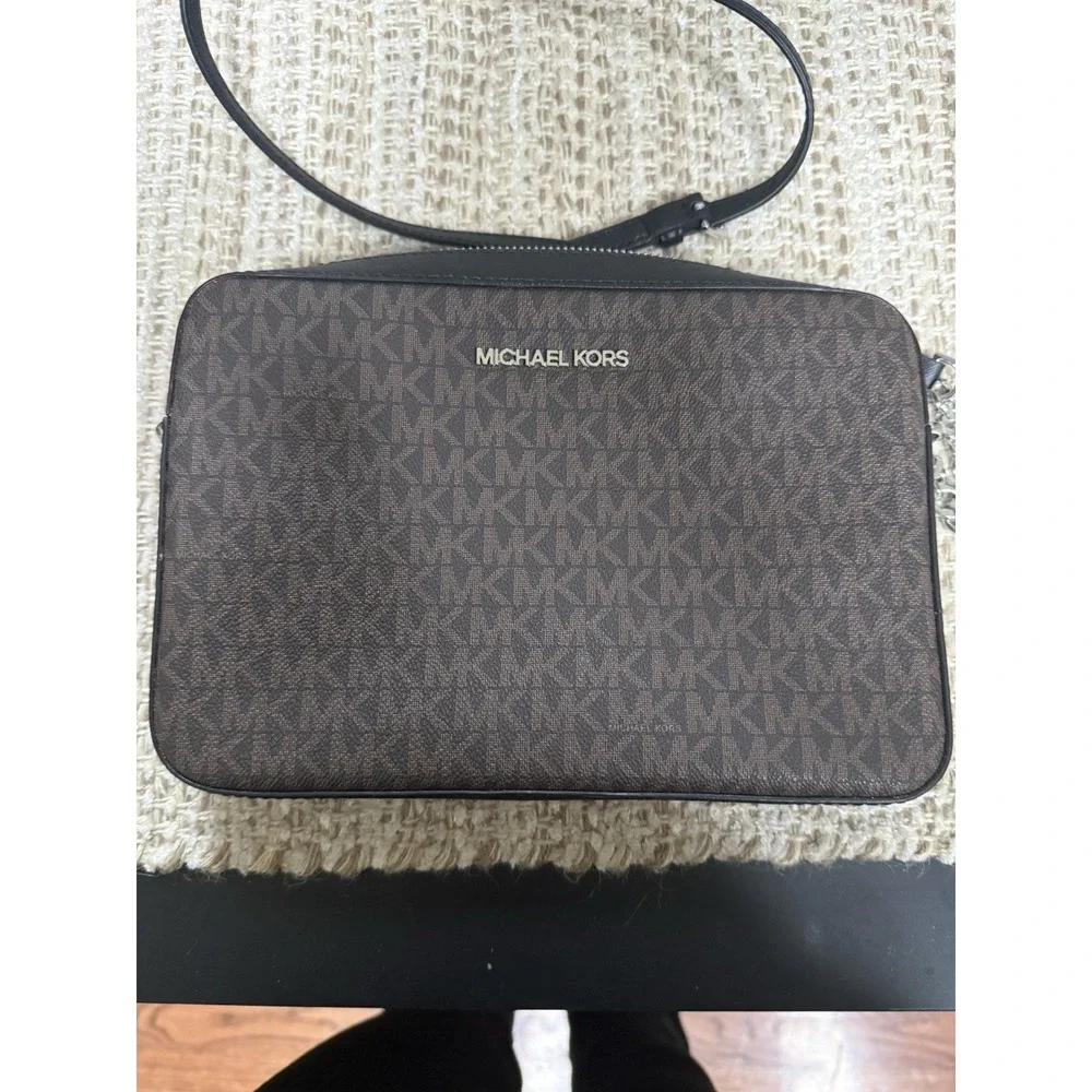 Michael Kors Brown Logo Crossbody Bag Zip, Chain Strap, Adjustable, Silver